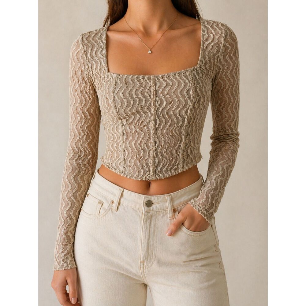 Willow & Root Lace Mesh Long Sleeve Crop Top Women’s Medium Beige Boho Fairycore